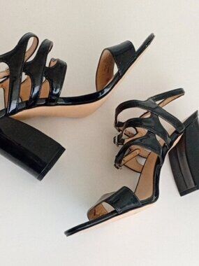 Nine West Women's Black Patent Dress Sandals Size 9.5M High Heels Ankle Strap